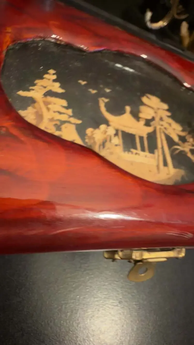 Vintage Chinese Lacquered Jewelry Box with Hand-Carved 3D Cork Diorama